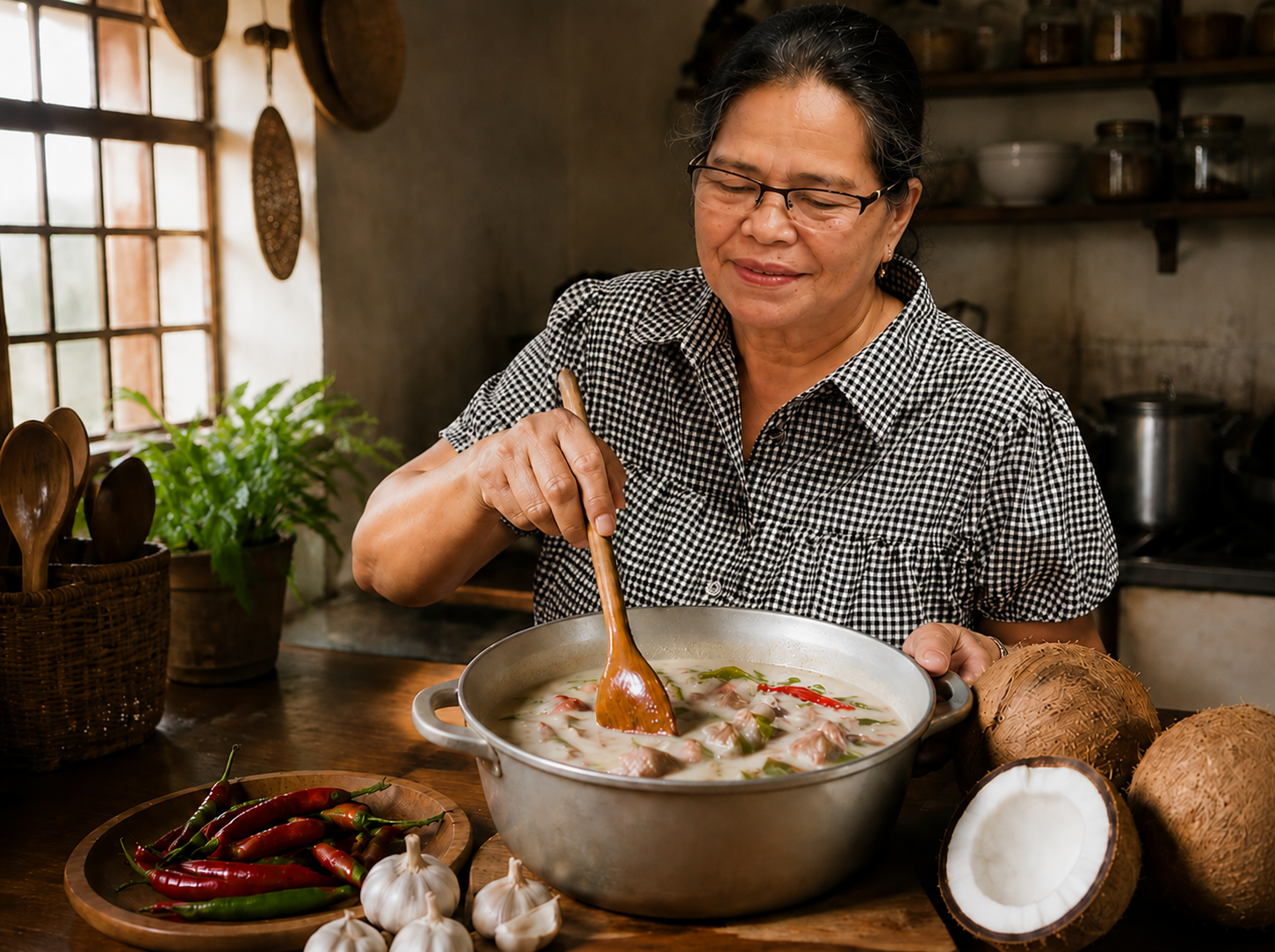 Home cook stirring a pot of coconut milk stew